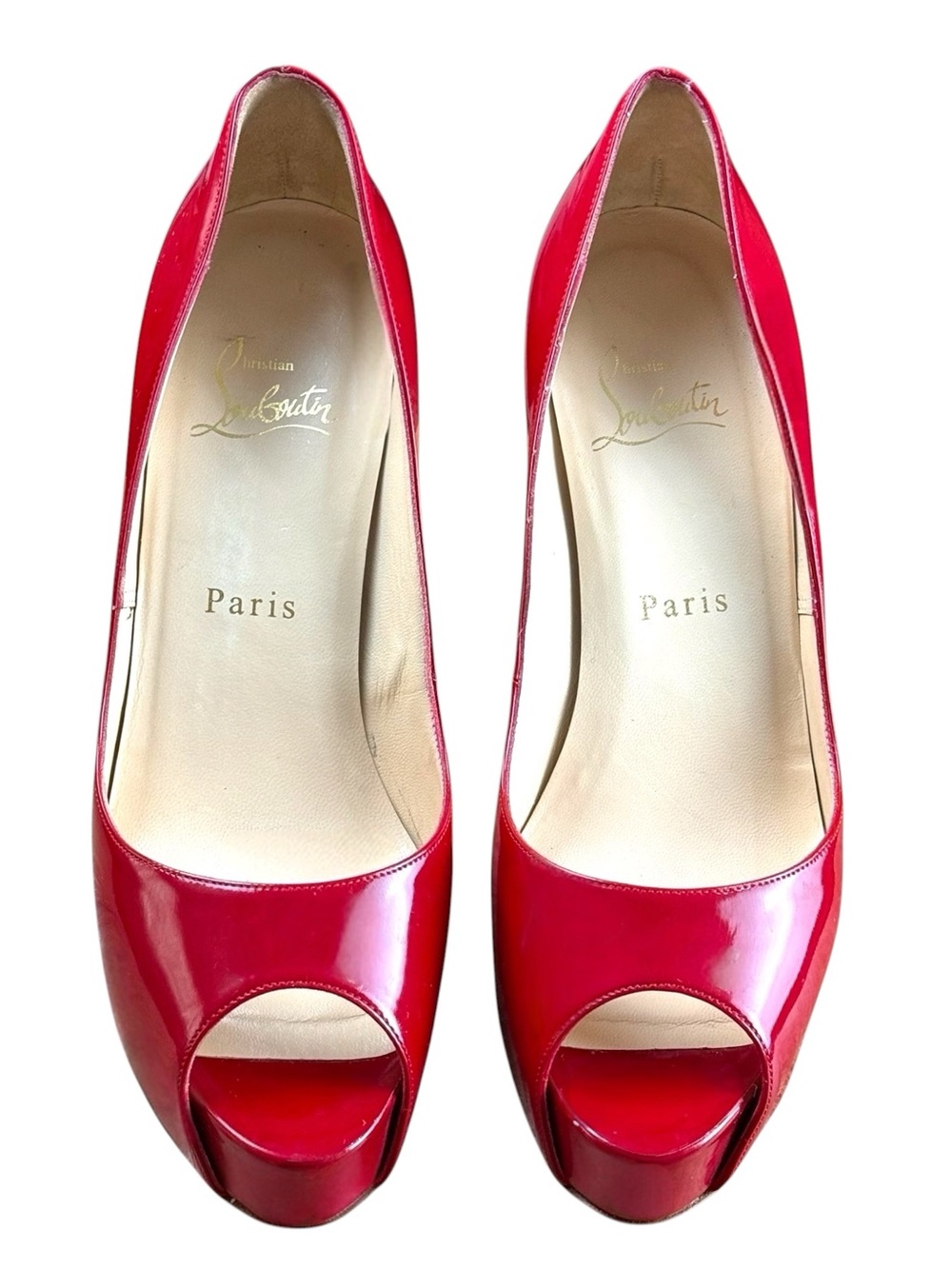 Christian Louboutin Red Patent Leather Open-Toe Pumps Size 37